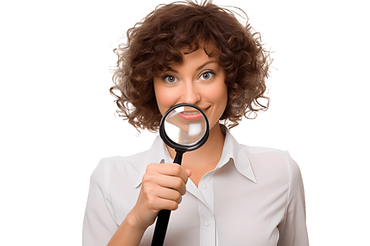 AI generated Photo of middle-aged school teacher wearing white shirt, smiling and holding a magnifying glass. Without background png