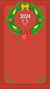 Red Christmas social media stories frame template with Christmas wreath 2024. vector