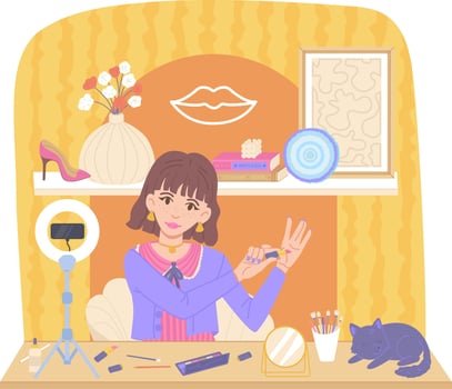 Beauty blogger makeup review. Girl with cosmetic products talking on camera with cat on room interior background. vector