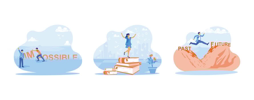 Self-improvement concept. I am turning the impossible into possible and standing on a pile of books. Jump from the past to the future. set trend modern vector flat illustration