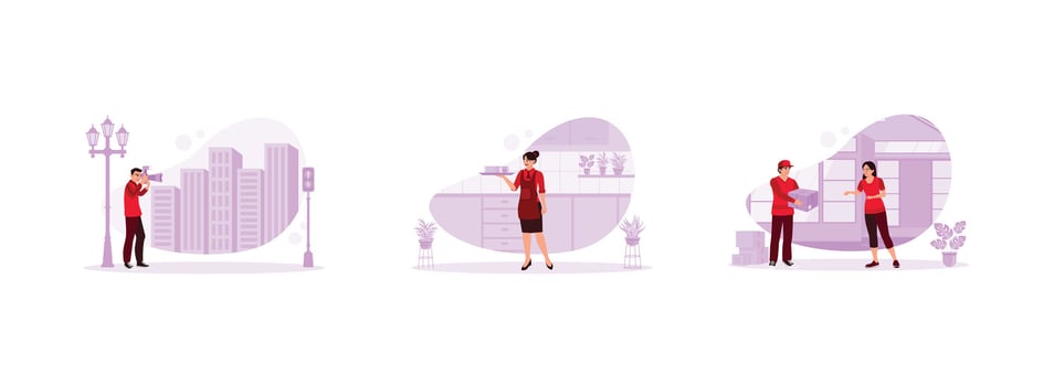 Various occupations people concept. Young photographer creates beautiful pictures. Female restaurant waitress wearing an apron. The young man works as an expedition courier. vector