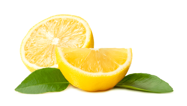 Fresh yellow lemon half with quater and leaves isolated with clipping path and shadow in png file format