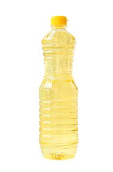 Light yellow cooking or vegetable oil in small plastic bottle isolated with clipping path in png file format