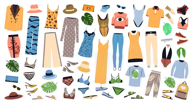 Big set of fashion clothing and accessories for summer. Female apparel, dresses, pants, shoes, lingerie, hats, bags, swimwear in casual style. Flat vector illustrations isolated on white background.
