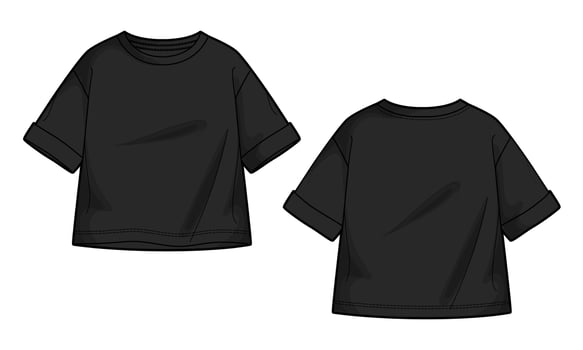 Short sleeve t shirt tops technical drawing fashion flat sketch vector illustration black Color template for ladies