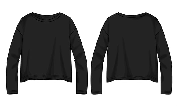 Long sleeve t shirt tops blouse technical drawing fashion flat sketch vector illustration black color template for ladies