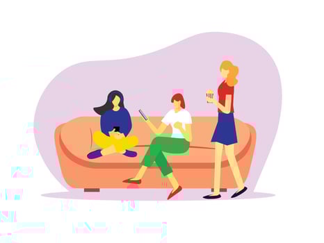Friends sitting on sofa enjoying snack. happy best friends sitting on the couch eating popcorn vector
