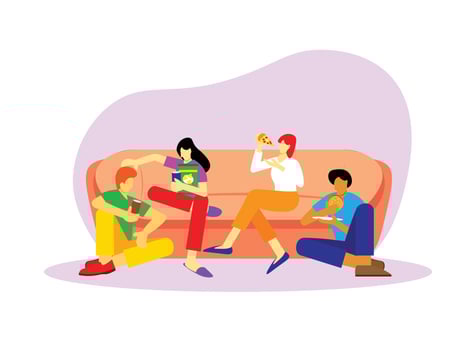 Friends sitting on sofa enjoying fast foods such as pizza, burger, coke, and snack vector