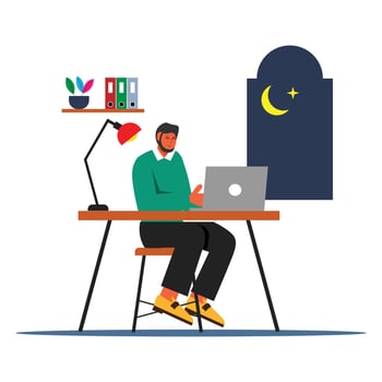 ramadan flat illustration of young muslim man working on laptop at the office vector