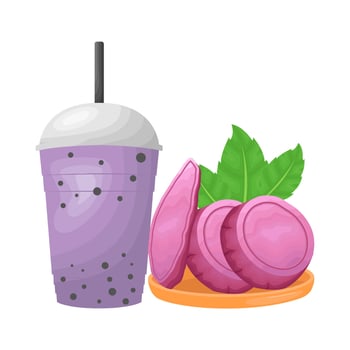 sweet potato in coaster with cup taro drink illustration vector
