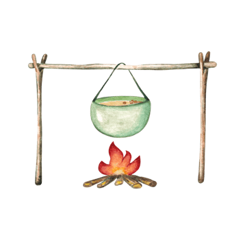 Watercolor illustration of a camp pot of food over a fire outdoors, isolated on a transparent background. Cooking over a campfire. png