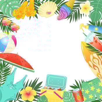 Decorative frame with summer beach accessories and tropical leaves in bright colors. Vector illustration