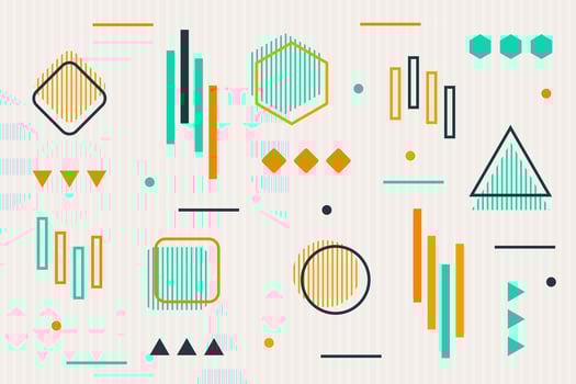 Abstract background in The Memphis style. Chaotically arranged geometric shapes on a light background in stripes vector
