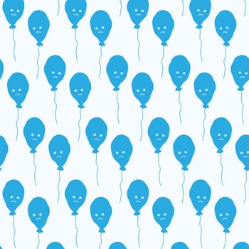 Seamless pattern of blue balloons on a thread with sad smile face in trendy monochrome blue shades vector