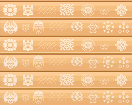 Light Brown Background with Tribal Patterns, Symbols, and Faces vector