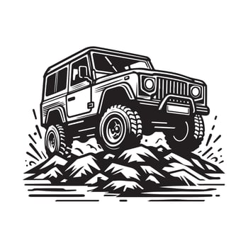 rustic hand drawn logo illustration of off road car vector