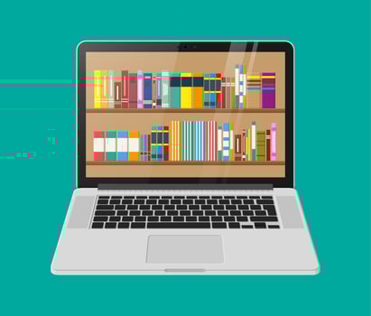 Laptop and book shelf. Digital library, online book store, e-reading. Bookcase with different books. Vector illustration in flat style