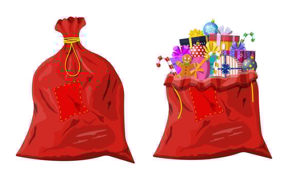 Xmas red closed and open bag. Gift boxes in cloth bag. Colorful wrapped. Present boxes different sizes with bows and ribbons. Christmas and new year decoration. Vector illustration flat style