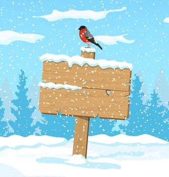 Wooden signboard against winter landscape with pine forest bullfinch and snowfall. Winter landscape with fir trees forest and snowing. New year celebration xmas holiday. Vector illustration flat style