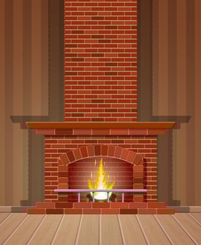 Winter interior bonfire. Classic fireplace made of red bricks, bright burning flame and smoldering logs inside. Home fireplace for comfort and relaxation. Vector illustration in flat style