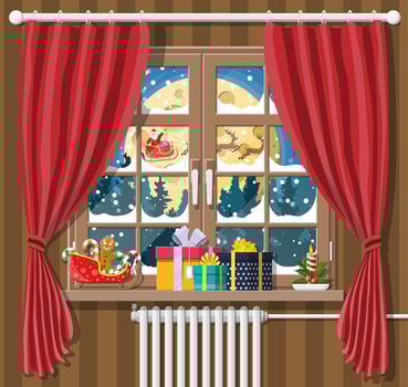Santa claus and his reindeer in window. Interior of room with gifts. Happy new year decoration. Merry christmas holiday. New year and xmas celebration. Vector illustration flat style