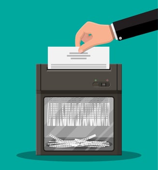 Shredder machine and hand with document paper. Office device for destruction of documents. Vector illustration in flat style