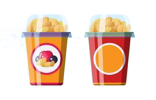 Natural fruit berry yogurt with oats or cornflakes. Strawberry black currant cherry yogurt dessert. Food plastic glass. Milk product. Organic healthy product. Vector illustration in flat style