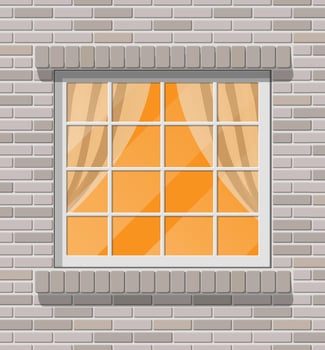 Building facade. Wooden classic window in brick wall. Architecture, building and construction. Vector illustration in flat style
