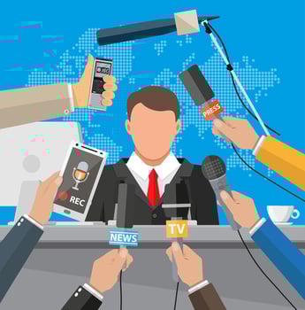 Rostrum, tribune and hands of journalists with microphones and digital voice recorders. Press conference concept, news, media, journalism. Vector illustration in flat style