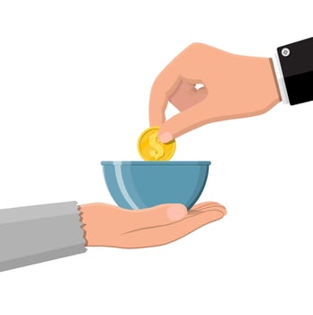 Hand giving gold coin to beggar hand. vector