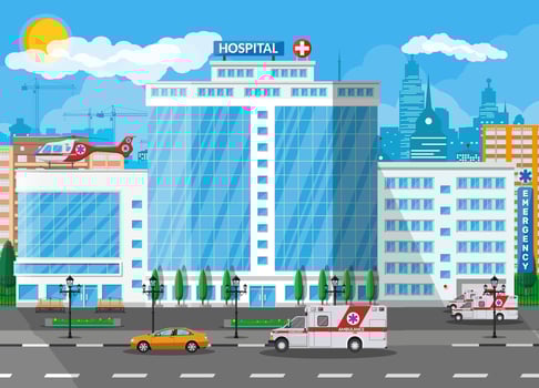Hospital building, medical icon. Healthcare, hospital and medical diagnostics. Urgency and emergency services. Road, sky, tree. Car and helicopter. Vector illustration in flat style