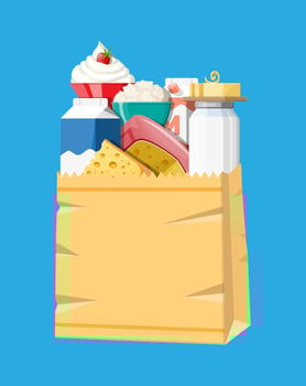 Milk products set in paper shopping bag with cheese, cottage and butter. Dairy food. Traditional fresh farm products. Vector illustration in flat style