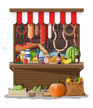 Market store interior with goods. Big shopping mall. Interior store inside. Checkout counter, grocery, drinks, food, fruits, dairy vegetables products. Vector illustration in flat style