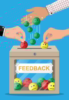 Rating box. Reviews smiles faces. Testimonials, rating, feedback, survey, quality and review. Vector illustration in flat style