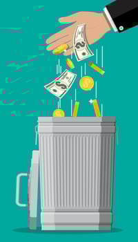 Businessman hand putting dollar bills in trash. Losing or wasting money, overspending, bankruptcy or crisis. Vector illustration in flat style