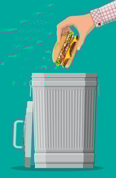 Hand throwing away burger to trash bin. Prohibited cheeseburger, banned unhealthy fastfood. Rejecting junk food, snacks. Fat, overweight. Vector illustration in flat style