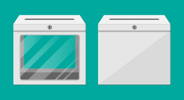 Ballot box. Empty container with glass window and lock. Voting case for suggestions elections. Box for tips and donations. Vector illustration in flat style