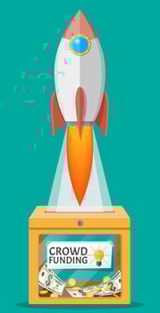 Box, space rocket and money. Funding project by raising monetary contributions from people. Crowdfunding concept, startup or new business model. Vector illustration in flat style