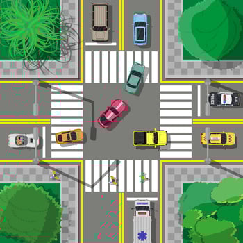 City asphalt crossroad with marking, walkways. Roundabout road junction. Traffic regulations. Rules of the road. Vector illustration in flat style