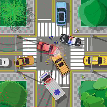 Road accident between two cars. Broken wings bumpers crashed windows. City asphalt crossroad marking, walkways. Roundabout road junction. Traffic regulations. Rules of road. Flat vector illustration
