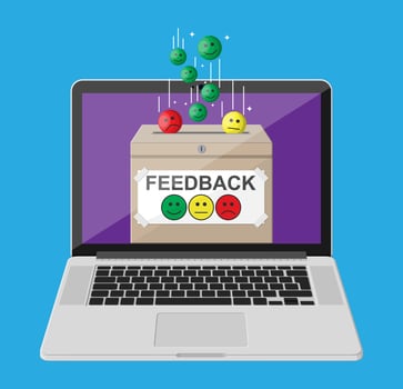 Rating box on laptop screen. Online reviews smiles faces. Testimonials, rating, feedback, survey, quality and review. Vector illustration in flat style