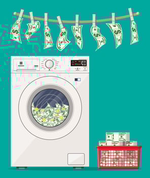 Washing machine full of dollars banknotes. Laundering of money in washer. Dirty money. Hidden wages, salaries black payments, tax evasion, bribe. Anti corruption. Vector illustration in flat style