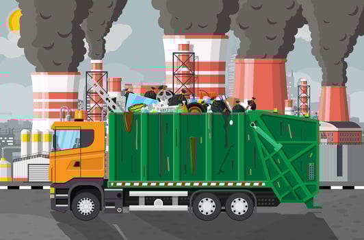 Plant smoking pipes. Smog in city. Trash emission from factory. Environmental disaster. Garbage truck full of trash. Environmental pollution ecology nature. Vector illustration flat style