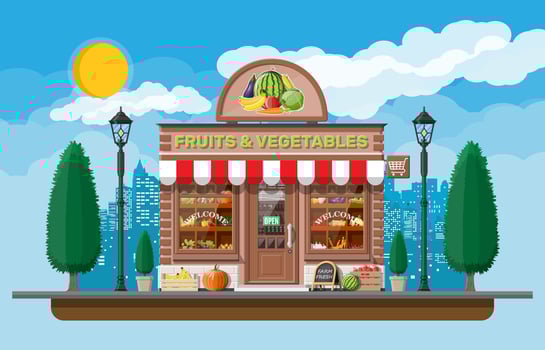 Street brick shop building exterior. Fruit and vegetable store. Fresh organic food products. Cucumber tomato pumpkin carrot corn pepper banana. Nature cityscape panorama. Flat vector illustration