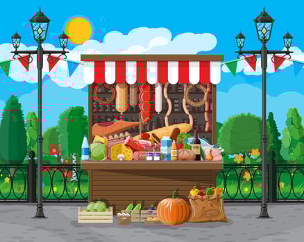 Traditional market wooden food stall full of food with flags, crates. City park, street lamp and trees. Sky with clouds and sun. Fair, grocery and shopping. Vector illustration flat style