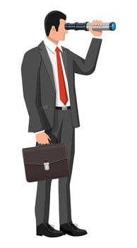 Businessman with briefcase looking for opportunities in spyglass. Business man with telescope. Searches new perspectives. Looking in future. Leadership or visionary. Vector illustration in flat style