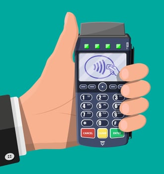 Modern POS terminal in hand. Bank payment device. Payment nfc keypad machine. Credit debit card reader. Vector illustration in flat style