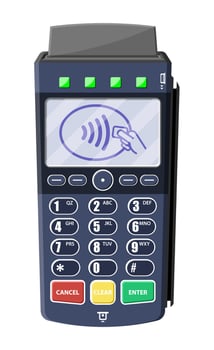 Modern POS terminal. Bank payment device. Payment nfc keypad machine. Credit debit card reader. Vector illustration in flat style