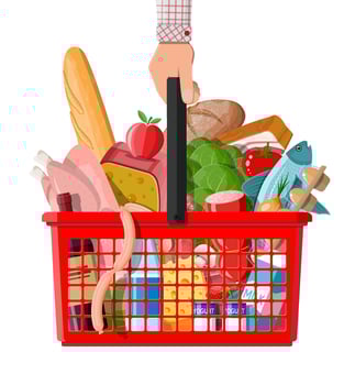 Plastic shopping basket with fresh products. Grocery store supermarket. Food and drinks. Milk, vegetables, meat, chicken cheese, sausages, salad, bread cereal steak egg. Vector illustration flat style
