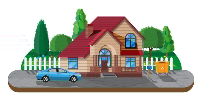 Suburban family house. Countryside wooden house icon. Car, road, fence, forest with trees and building. Real estate and rent. Vector illustration in flat style